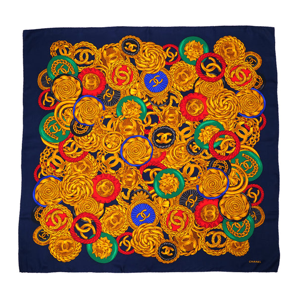 VINTAGE CHANEL COCOMARK BUTTON PATTERN SCARF NAVY SILK 90324112