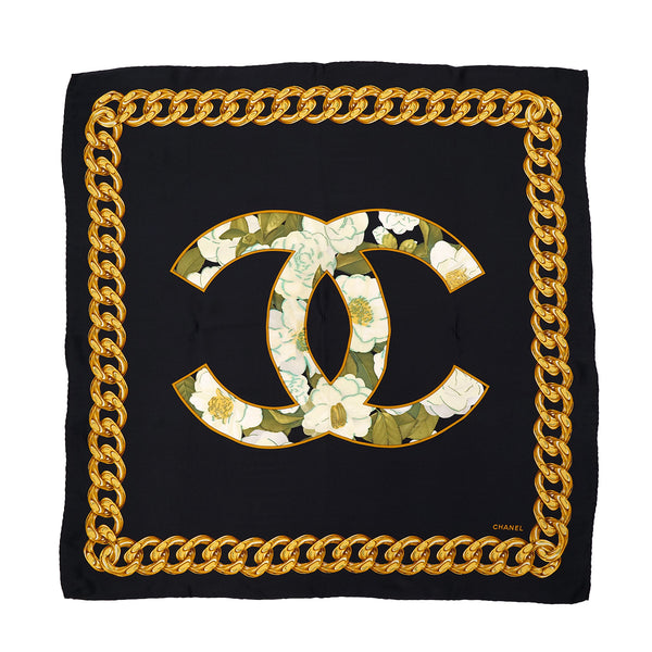 VINTAGE CHANEL COCOMARK CAMELLIA CHAIN PATTERN SCARF BLACK SILK 90322218