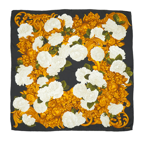 VINTAGE CHANEL CAMELLIA FRUIT PATTERN SCARF BLACK SILK 90335741