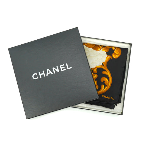 VINTAGE CHANEL CAMELLIA FRUIT PATTERN SCARF BLACK SILK 90335741