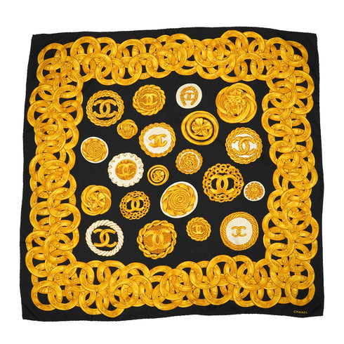 VINTAGE CHANEL COCOMARK CHAIN BUTTON PATTERN SCARF BLACK GOLD 90346695