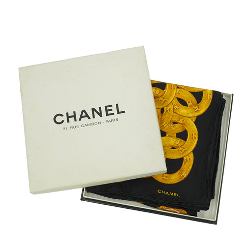 VINTAGE CHANEL COCOMARK CHAIN BUTTON PATTERN SCARF BLACK GOLD 90346695