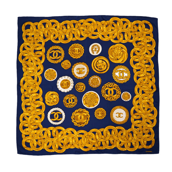 VINTAGE CHANEL COCOMARK CHAIN BUTTON PATTERN SCARF NAVY SILK 90324797