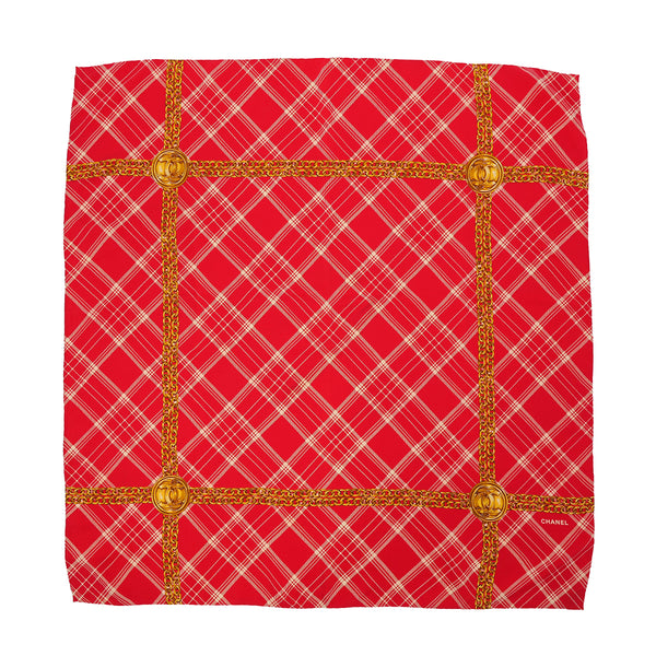 VINTAGE CHANEL COCOMARK CHAIN CHECK PATTERN SCARF RED SILK 90322220