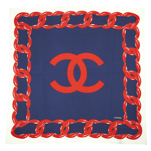 VINTAGE CHANEL COCOMARK CHAIN MOTIF SCARF NAVY RED WHITE SILK 90340532