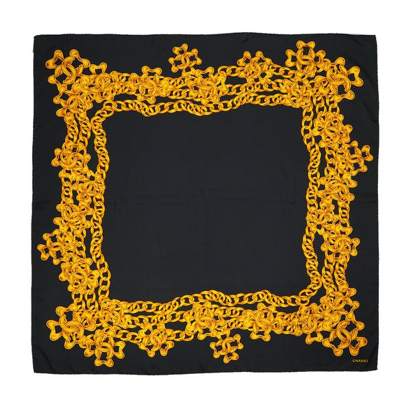 VINTAGE CHANEL COCOMARK CHAIN PATTERN SCARF BLACK GOLD SILK 90328127