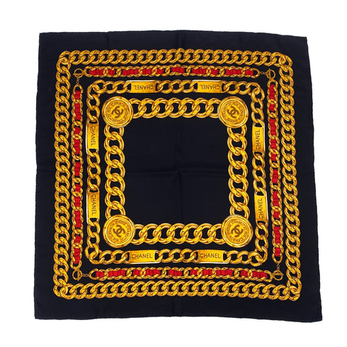 VINTAGE CHANEL COCOMARK CHAIN PATTERN SCARF BLACK SILK 90322544