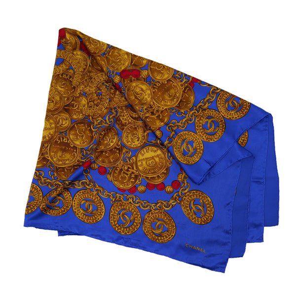 VINTAGE CHANEL COCOMARK CHAIN PATTERN SCARF BLUE SILK 90324798