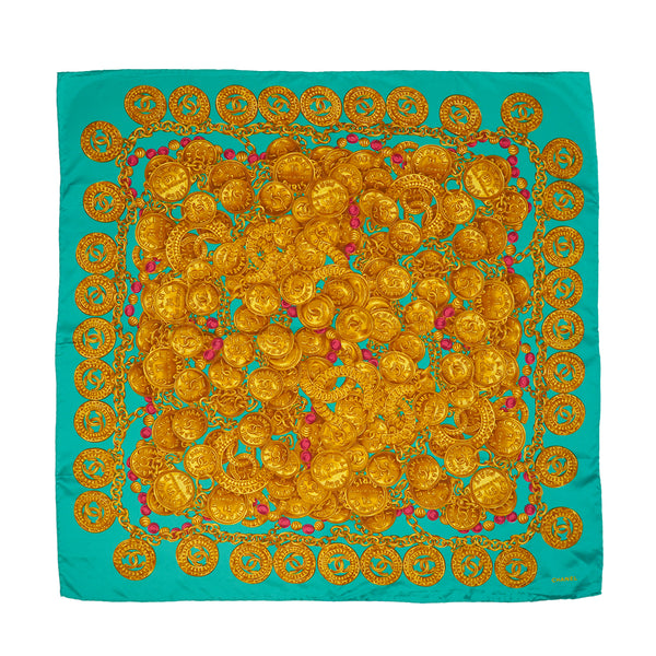 VINTAGE CHANEL COCOMARK CHAIN PATTERN SCARF EMERALD GREEN GOLD SILK 90328717