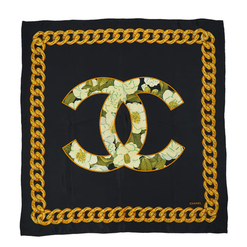 VINTAGE CHANEL COCOMARK CHAIN PATTERN SCARF FLOWER BLACK SILK 90328018