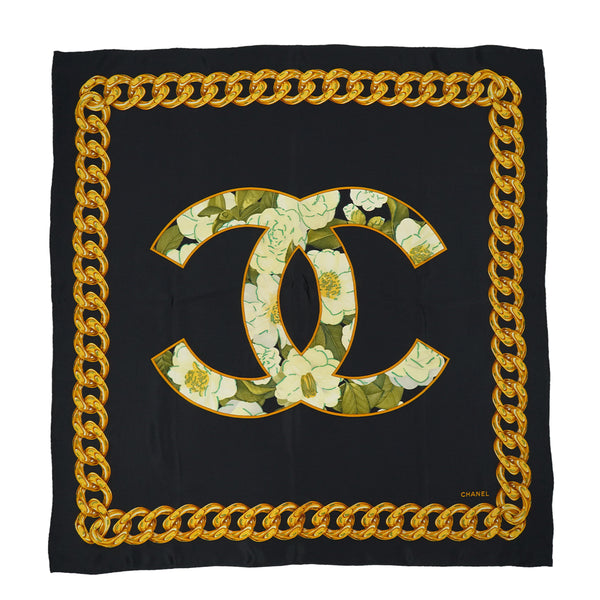 VINTAGE CHANEL COCOMARK CHAIN PATTERN SCARF FLOWER BLACK SILK 90328018