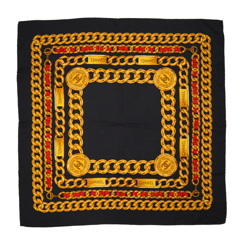 VINTAGE CHANEL COCOMARK CHAIN PATTERN SCARF GOLD BLACK SILK 90331687
