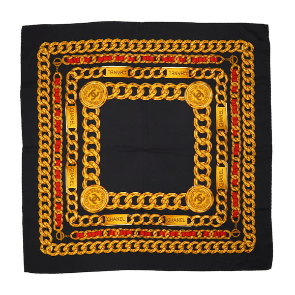 VINTAGE CHANEL COCOMARK CHAIN PATTERN SCARF GOLD BLACK SILK 90331687