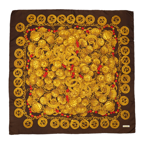 VINTAGE CHANEL COCOMARK CHAIN PATTERN SCARF GOLD BROWN SILK 90331373