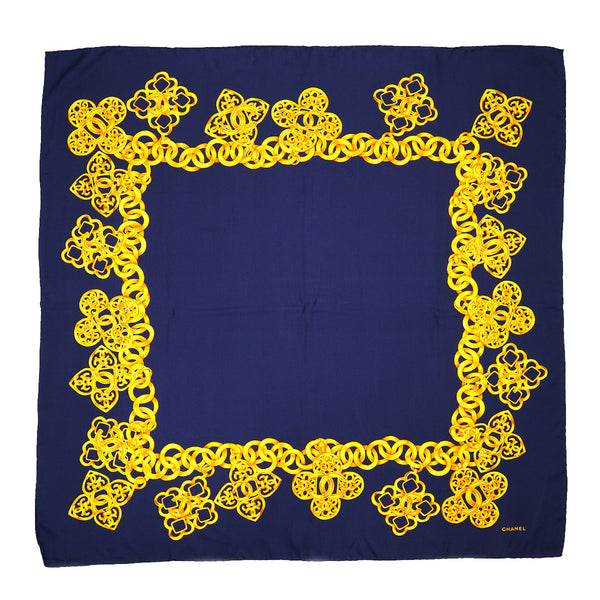 VINTAGE CHANEL SCARF COCOMARK CHAIN PATTERN GOLD NAVY SILK 90334203
