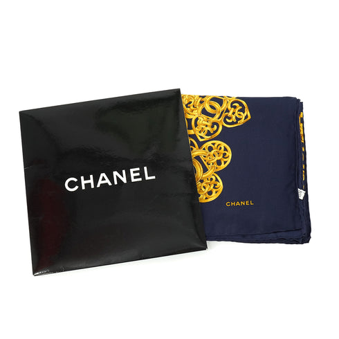 VINTAGE CHANEL SCARF COCOMARK CHAIN PATTERN GOLD NAVY SILK 90334203