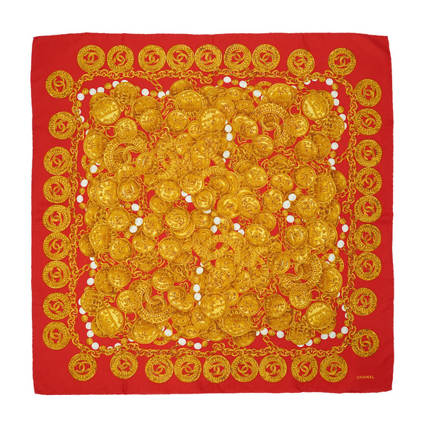 VINTAGE CHANEL COCOMARK CHAIN PATTERN SCARF GOLD RED SILK 90331691