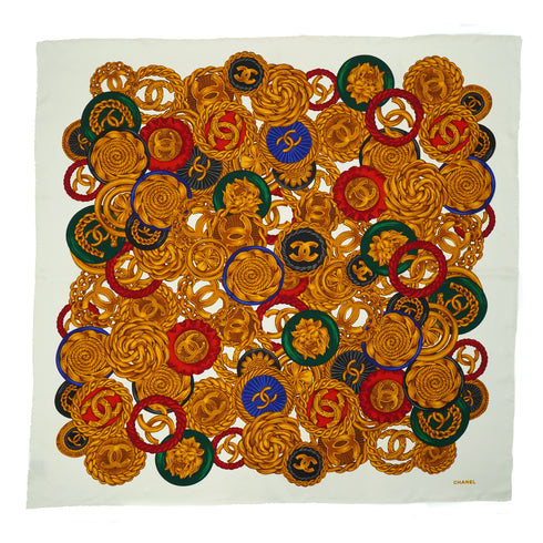 VINTAGE CHANEL COCOMARK CHAIN PATTERN SCARF BEIGE MULTICOLOR SILK 90335650