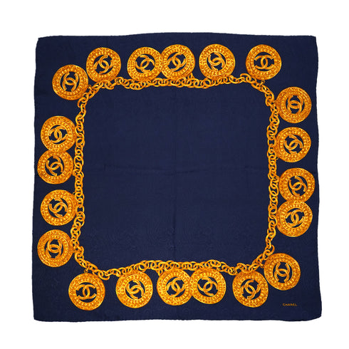VINTAGE CHANEL COCOMARK CHAIN PATTERN SCARF NAVY GOLD SILK 90328016