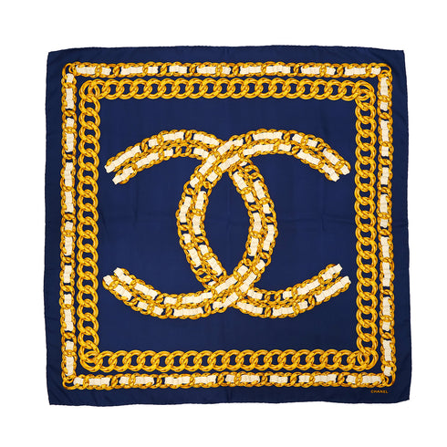 VINTAGE CHANEL COCOMARK CHAIN PATTERN SCARF NAVY GOLD SILK 90322148