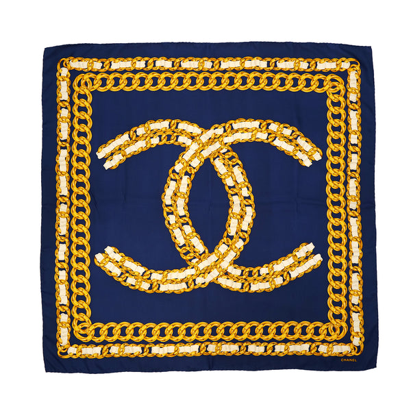 VINTAGE CHANEL COCOMARK CHAIN PATTERN SCARF NAVY GOLD SILK 90322148