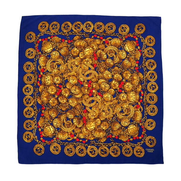 VINTAGE CHANEL COCOMARK CHAIN PATTERN SCARF NAVY SILK 90324122