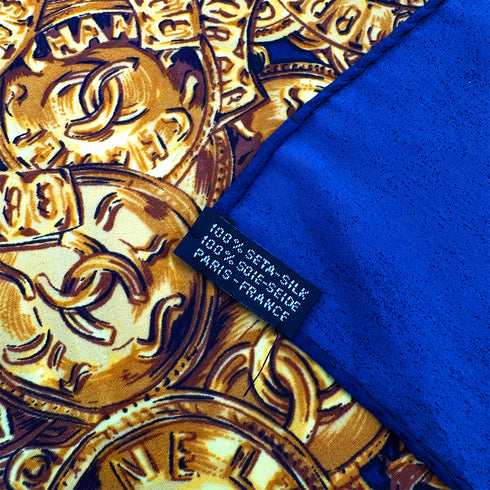VINTAGE CHANEL COCOMARK CHAIN PATTERN SCARF NAVY SILK 90324122
