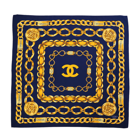 VINTAGE CHANEL COCOMARK CHAIN PATTERN SCARF NAVY SILK 90323165