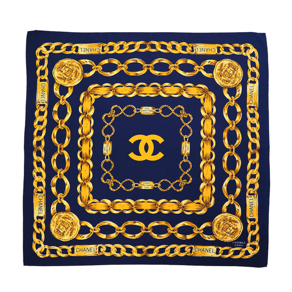 VINTAGE CHANEL COCOMARK CHAIN PATTERN SCARF NAVY SILK 90323165