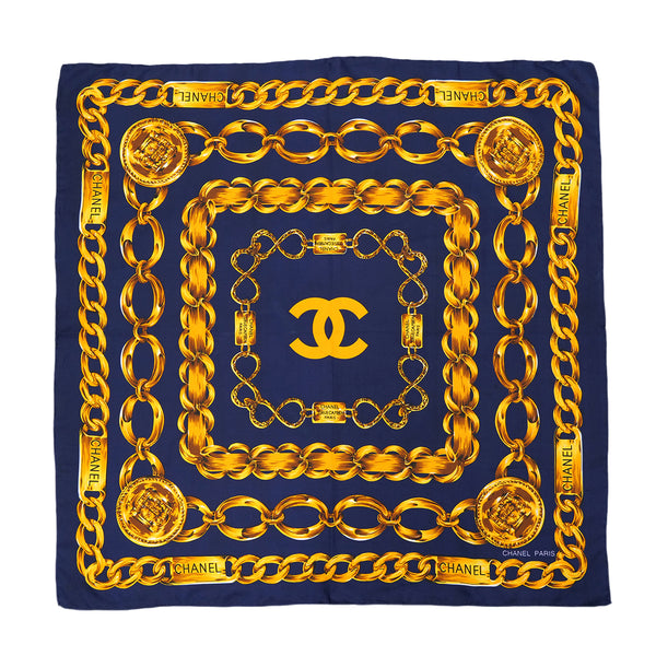VINTAGE CHANEL COCOMARK CHAIN PATTERN SCARF NAVY SILK 90325367