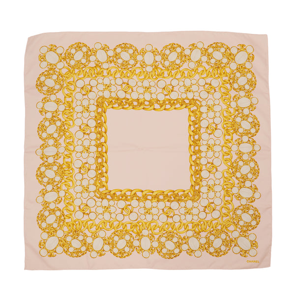 VINTAGE CHANEL COCOMARK CHAIN PATTERN SCARF PINK GOLD SILK 90323495