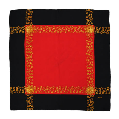 VINTAGE CHANEL COCOMARK CHAIN PATTERN SCARF RED GOLD BLACK SILK 90331692
