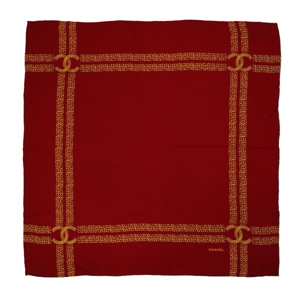 VINTAGE CHANEL COCOMARK CHAIN PATTERN SCARF RED GOLD SILK 90334508