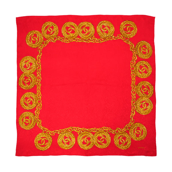 VINTAGE CHANEL COCOMARK CHAIN PATTERN SCARF RED SILK 90324777