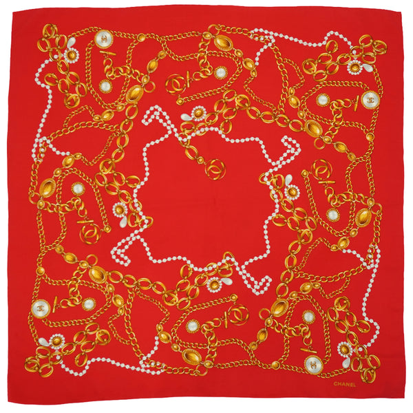 VINTAGE CHANEL SCARF COCOMARK CHAIN PATTERN GOLD RED SILK 90335898