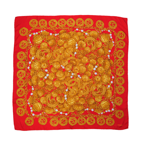 VINTAGE CHANEL COCOMARK CHAIN PATTERN SCARF RED SILK 90323164