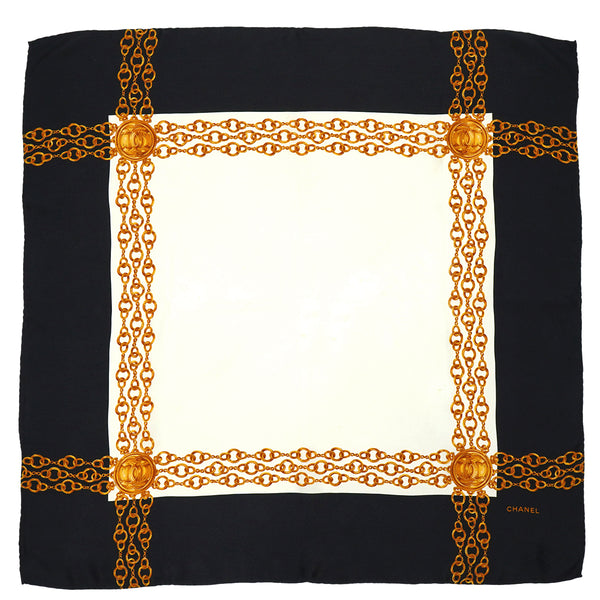 VINTAGE CHANEL SCARF COCOMARK CHAIN PATTERN WHITE GOLD BLACK SILK 90335896