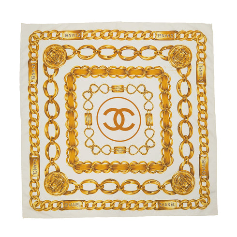 VINTAGE CHANEL COCOMARK CHAIN PATTERN SCARF WHITE SILK 90323144