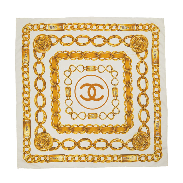 VINTAGE CHANEL COCOMARK CHAIN PATTERN SCARF WHITE SILK 90323144