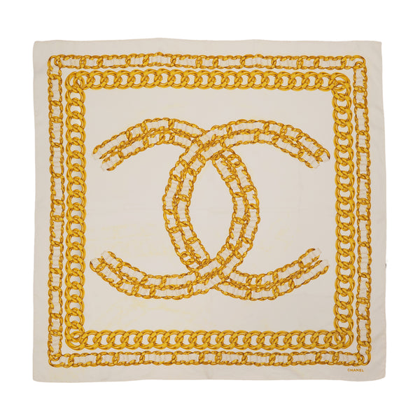 VINTAGE CHANEL COCOMARK CHAIN PATTERN SCARF WHITE SILK 90323159