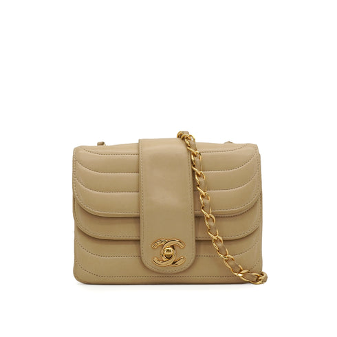 VINTAGE CHANEL COCOMARK CHAIN SHOULDER BAG BEIGE LAMB SKIN GOLD HARDWARE 90350354