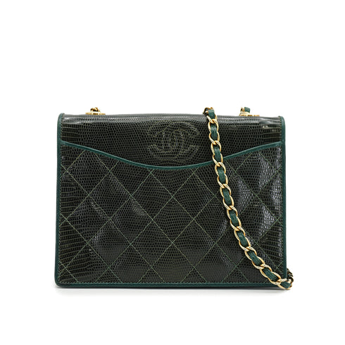 VINTAGE CHANEL COCOMARK CHAIN SHOULDER BAG GREEN LIZARD GOLD HARDWARE 90334868