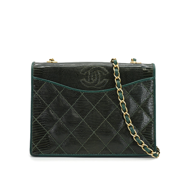 VINTAGE CHANEL COCOMARK CHAIN SHOULDER BAG GREEN LIZARD GOLD HARDWARE 90334868
