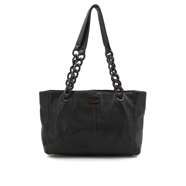VINTAGE CHANEL COCOMARK CHAIN TOTE BAG DARK BROWN LEATHER PLASTIC HARDWARE 90340362