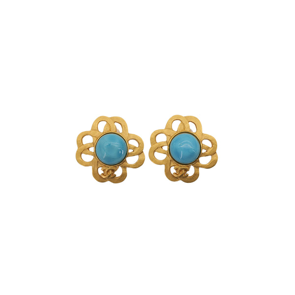 VINTAGE CHANEL COCOMARK CLOVER MOTIF EARRINGS TURQUOISE BLUE GOLD ACCESSORY 95P 90323475