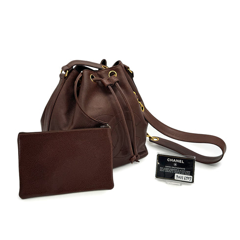 VINTAGE CHANEL COCOMARK DRAWSTRING CHAIN SHOULDER BAG BROWN CAVIAR SKIN GOLD HARDWARE 90316997