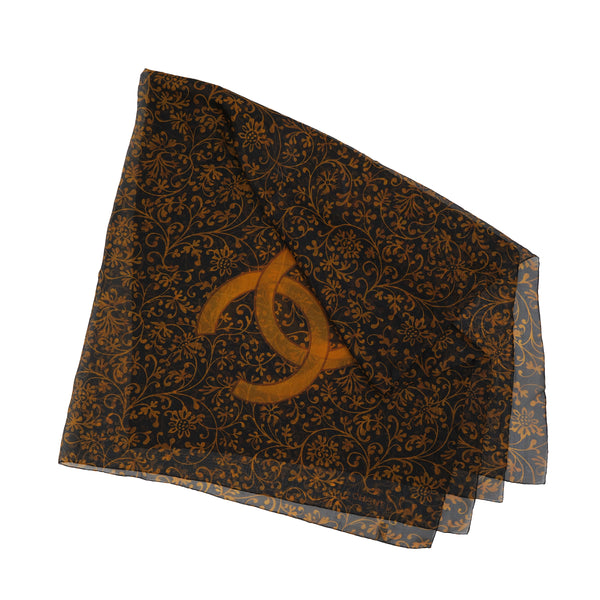 VINTAGE CHANEL COCOMARK FLORAL PATTERN SCARF BLACK ORANGE SILK 90323178