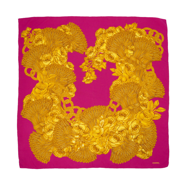 VINTAGE CHANEL COCOMARK CAMELLIA FLOWER PATTERN SCARF PINK SILK 90328136