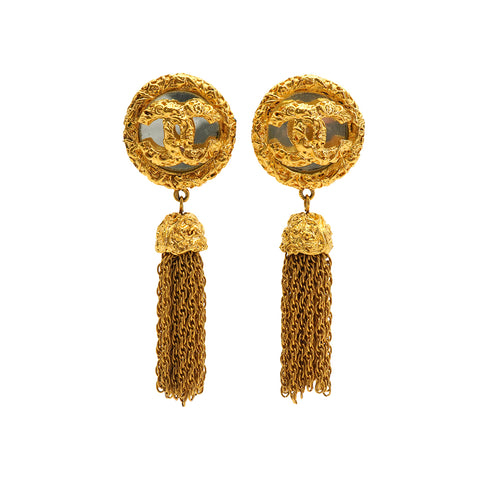 VINTAGE CHANEL COCOMARK FRINGE EARRINGS GOLD ACCESSORY 93P 90332379