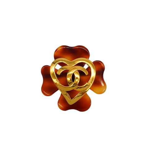 VINTAGE CHANEL COCOMARK HEART BROACH TORTOISESHELL BROWN GOLD ACCESSORY 95P 90347795